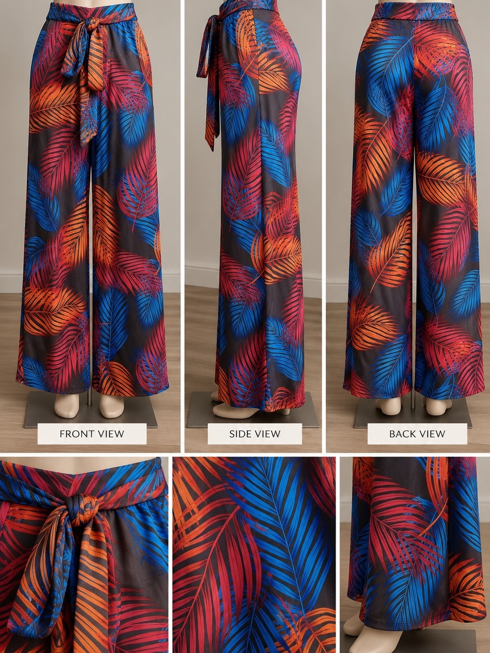 Source Unknown Multicolor Wide-Leg Palm Leaf Pants with Tie Waist